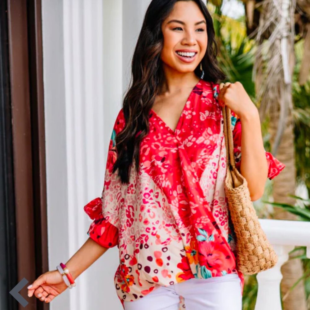 The Mint - Be So Bold Coral Red Mixed Print Blouse, Size Small